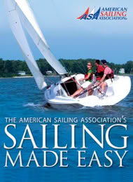 A sailboat with two people on board navigating on a body of water, with trees in the background and text overlay reading "The American Sailing Association's Sailing Made Easy."