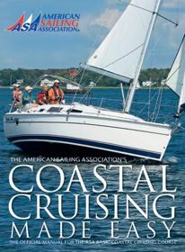 A sailboat with people on board sailing on the water, with trees in the background and text overlay reading "Coastal Cruising Made Easy."